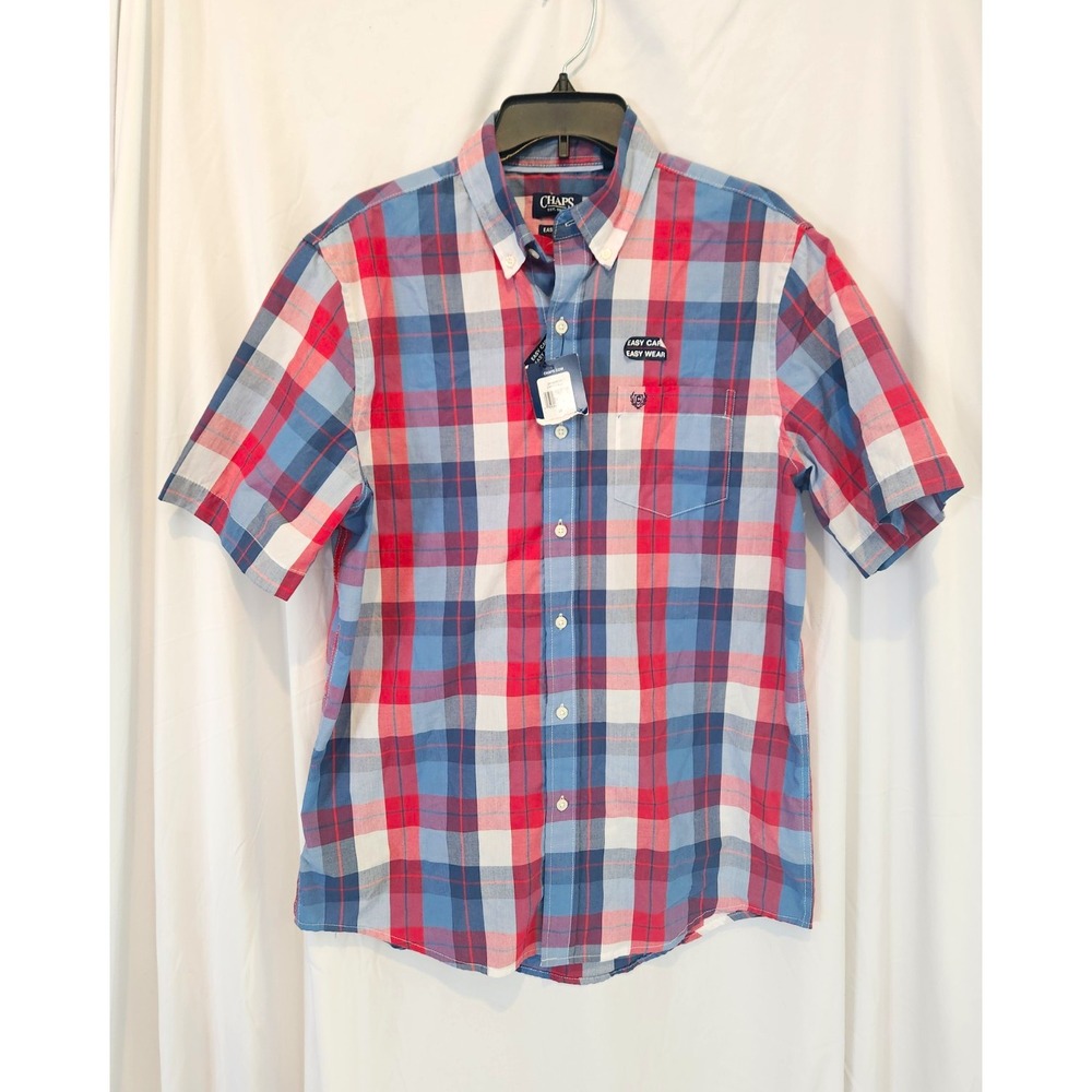 Chaps Mens M Blue Red White Plaid Short Sleeve Button Down Shirt Easy Care